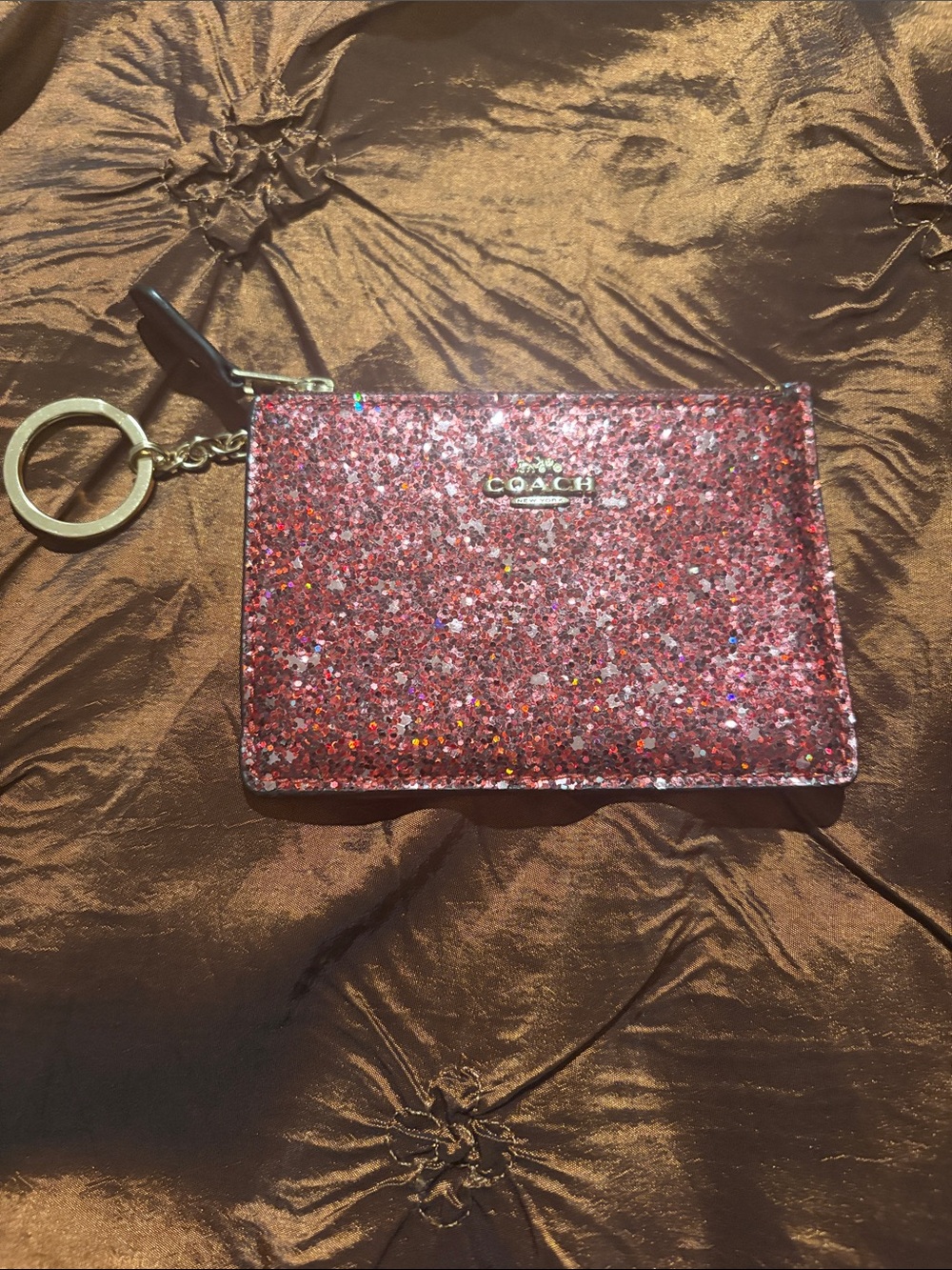 Coach Red Glitter Wristlet Pouch with Key Fob